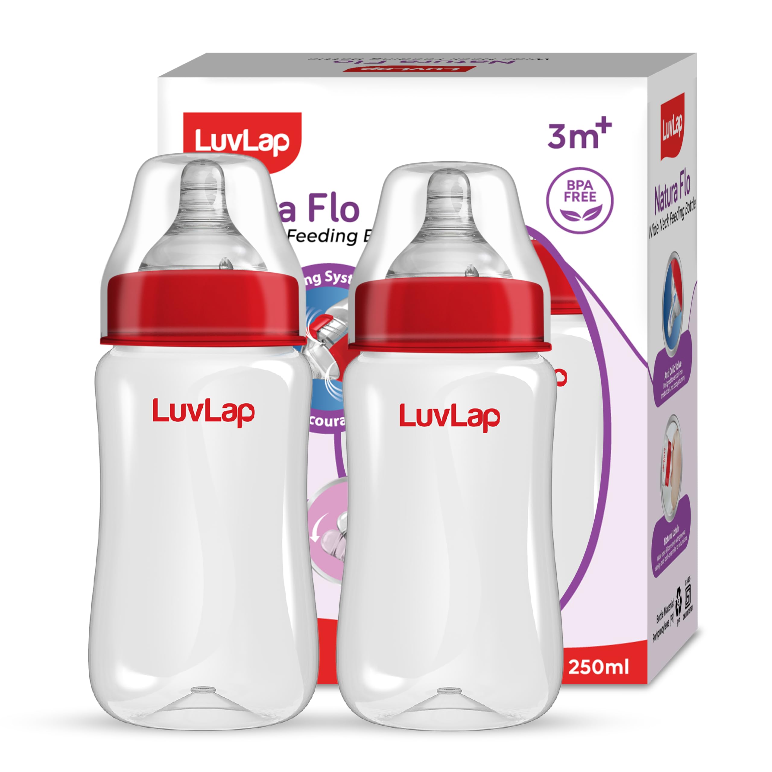LuvLap Anti-Colic Wide Neck Natura Flo Baby Polypropylene and Silicone Feeding Bottle, 250Ml (Pack of 2), New Born / Infants / Toddler upto 3 years, BPA Free, Pack of 2, White & Red
