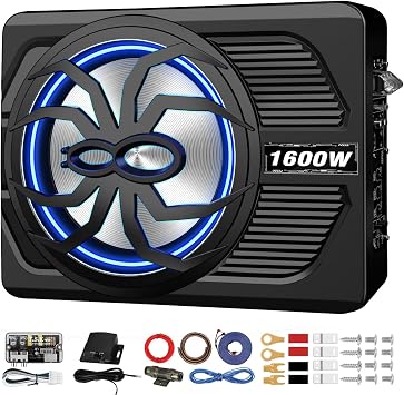 1600W Slim Underseat Car Subwoofer and Amp Package, Under Seat Subwoofer with Built-in Class D Amp & DSP, LED Light Switch, Deep Subsonic Bass, Powered Subwoofer Car Audio for Truck/SUV