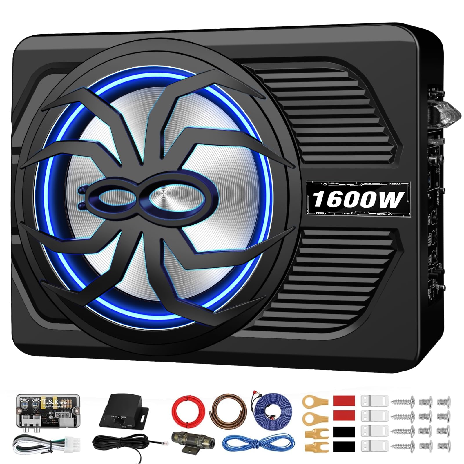 Photo 1 of SUBPULSIX 1600W Slim Underseat Car Subwoofer and Amp Package, Under Seat Subwoofer with Built-in Class D Amp & DSP, LED Light Switch, Deep Subsonic Bass, Powered Subwoofer Car Audio for Truck/SUV