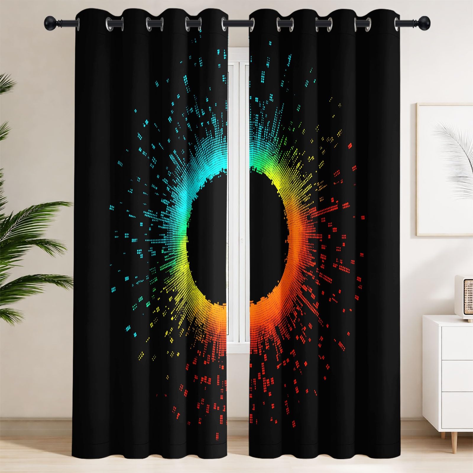Cortina opaca abstracta neón, juego de 2 unidades, cortinas opacas geométricas circulares para dormitorio, habitación infantil, ancho 140 x alto 250 cm