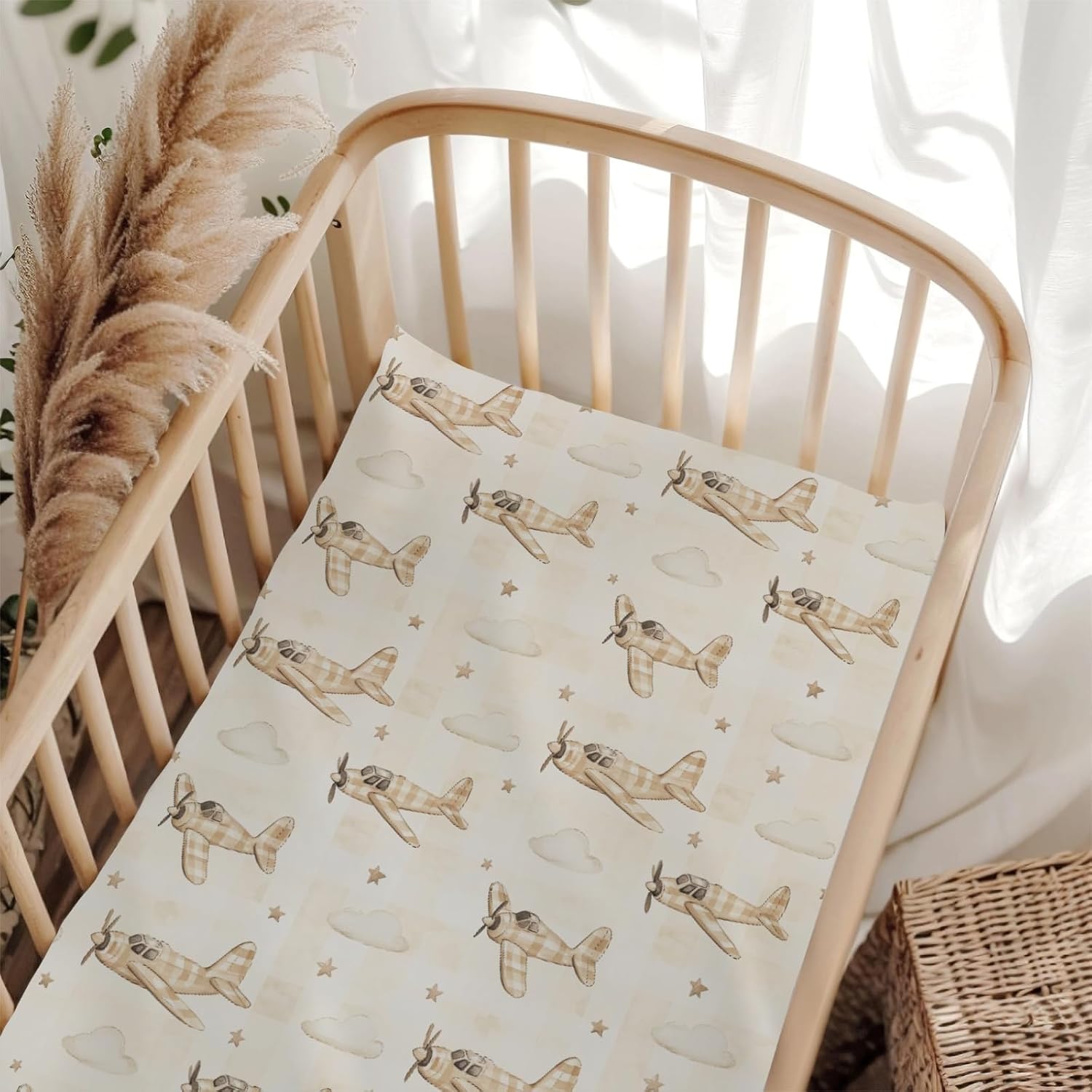 Cute Plane Plaid Baby Crib Sheets for Boy Girl 28"x52" Vintage Airplanes Cloud Stars Checkered Fitted Crib Mattress Cover for Standard Crib and Toddler Mattress Transportation Bed Sheet