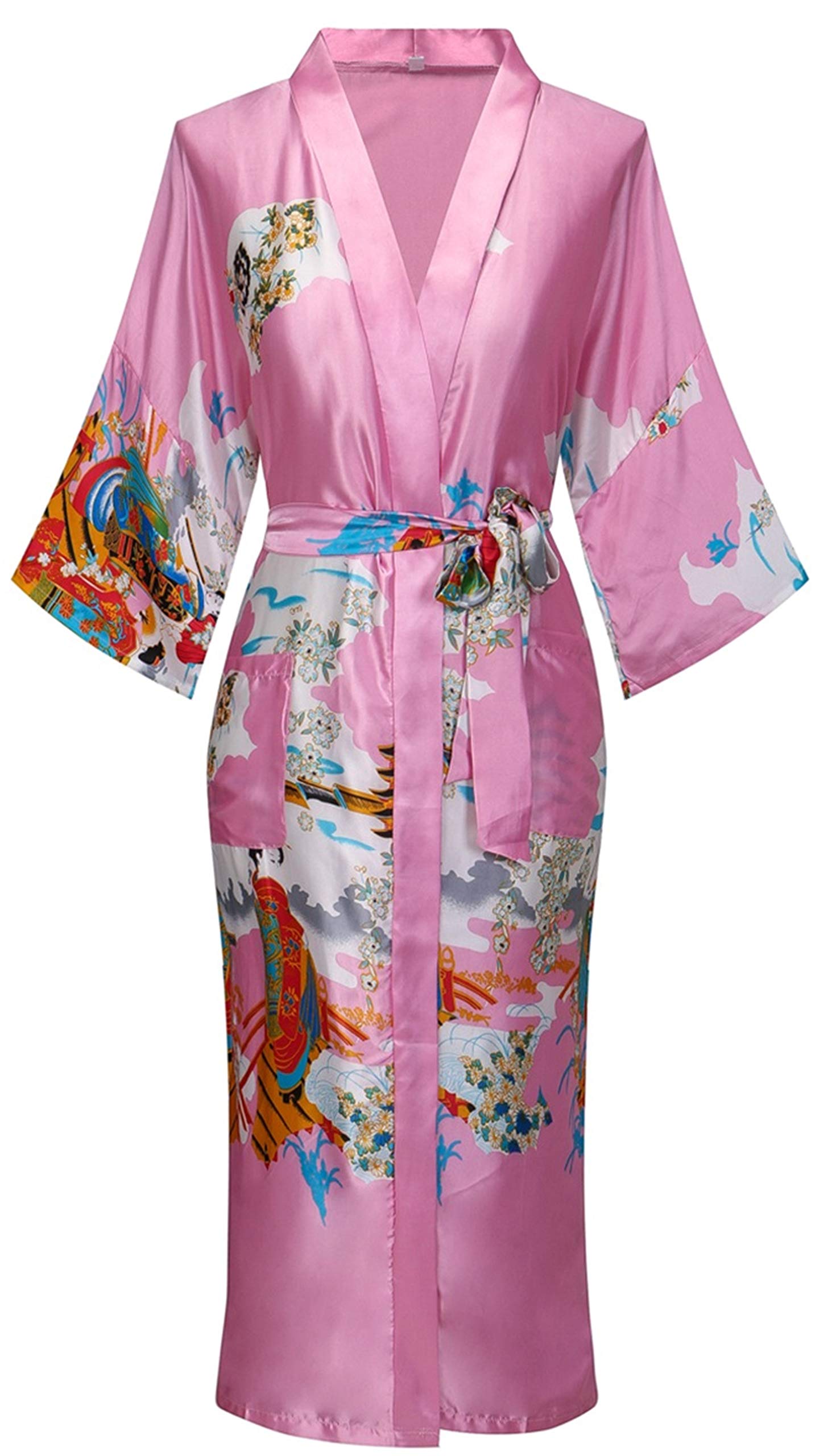 Valennia Women Long Silky Bathrobe Satin Kimono Robe Floral Printed Dressing Gown Sleepwear