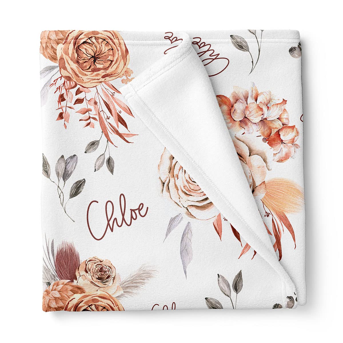 Boho Caramel Floral Personalized Baby Girl Swaddle Blanket, White, 30x40', (BB335)