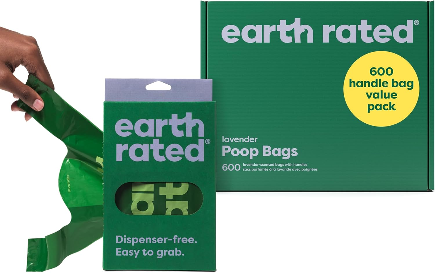 Earth Rated Dog Poop Bags with Handles Value Pack, Easy Tie and Guaranteed Leakproof, Lavender Scented, 600 Handle Bags 600 Handles, Dispensing Box Lavender