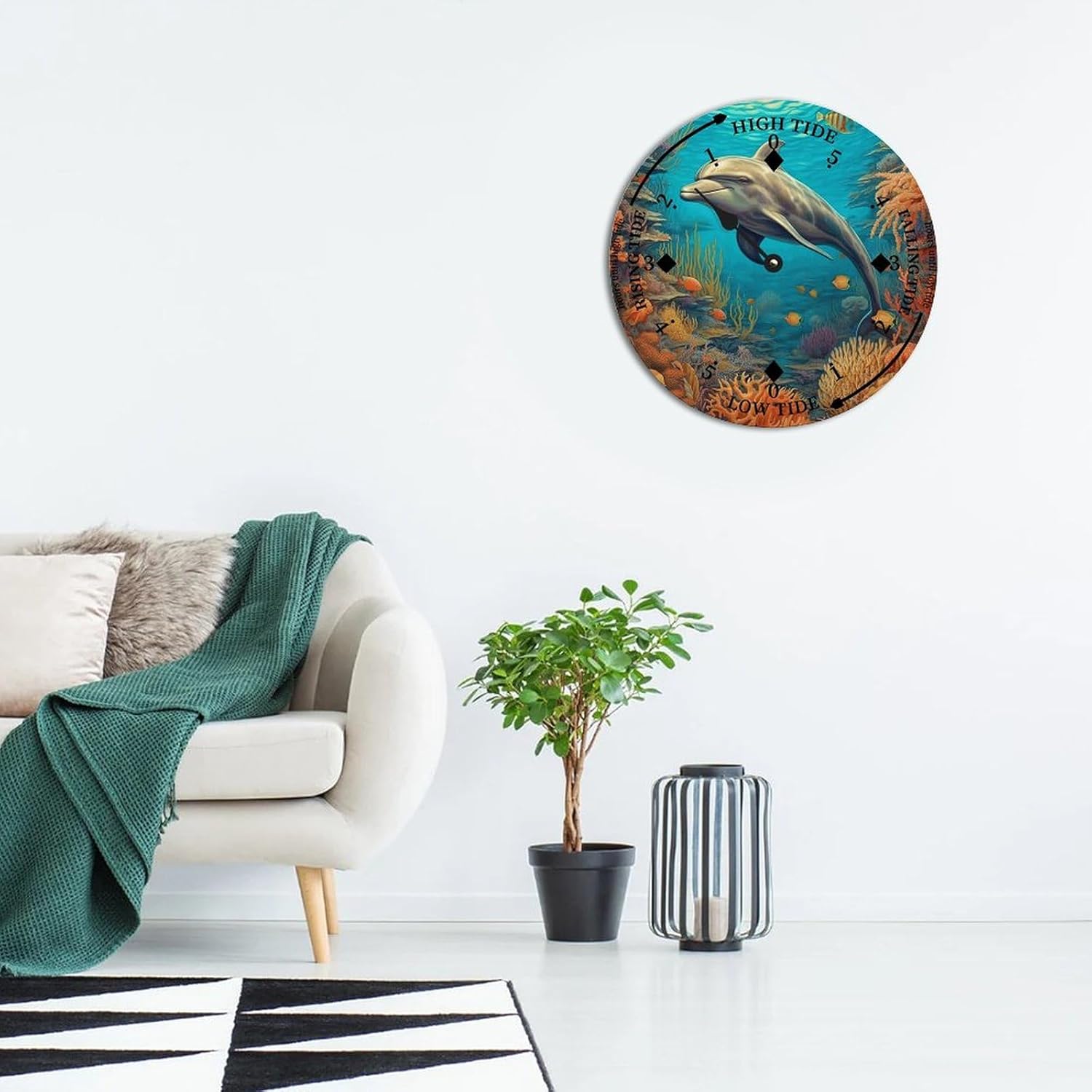 Cheyan Dolphin Wood Tidal Clock Ocean Time Maritime Coastal Beach High Tide Low Tide Clock Rustic Wooden Nautical Tide Movement Vintage Decor for Beach House Kitchen Wall Art 15x15 in, Style-6