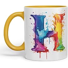 Vixar Letter H Mug, Alphabet Letter H Monogram Watercolour Ceramic Coloured Mug Cup for Tea Coffee Hot Brew 330ml 11Oz Gift G Yellow