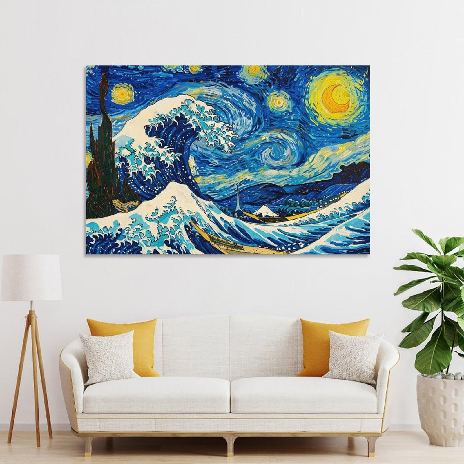Junmoney Starry Wave Van Gogh Meets Hokusai Canvas Wall Art 24x36inch(60x90cm), for Study, Office Or Focused Interiors, Home Office Artwork with Decorative Appeal