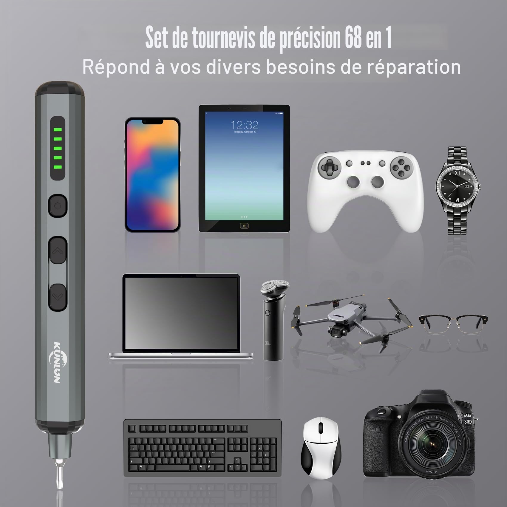 KUNLUN Mini Tournevis Electrique Sans Fil 68 en 1 Précision Tournevi avec LED Réglage Couple à 5 Vitesses 64 Embout de Tournevis pour Téléphone, Montres, Appareil Photo, PC, Electronique