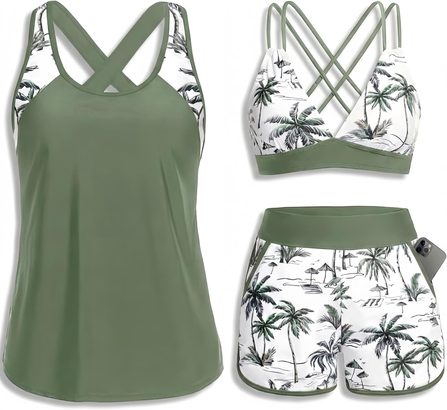 Daci Women 3 Piece Tankini Swimsuits - Tummy Control Tank Top with Bra Modest Bathing Suit with Pockets Boyshorts Bottom 2026