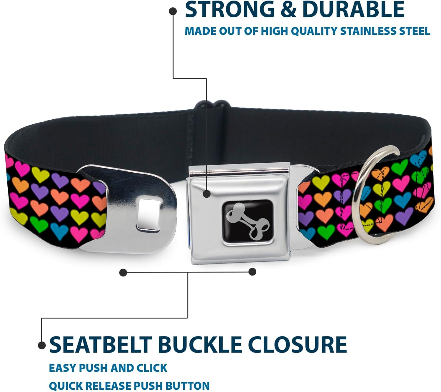 Buckle-Down Seatbelt Buckle Dog Collar - Mini Hearts Black/Multi Neon - 1" Wide - Fits 9-15" Neck - Small
