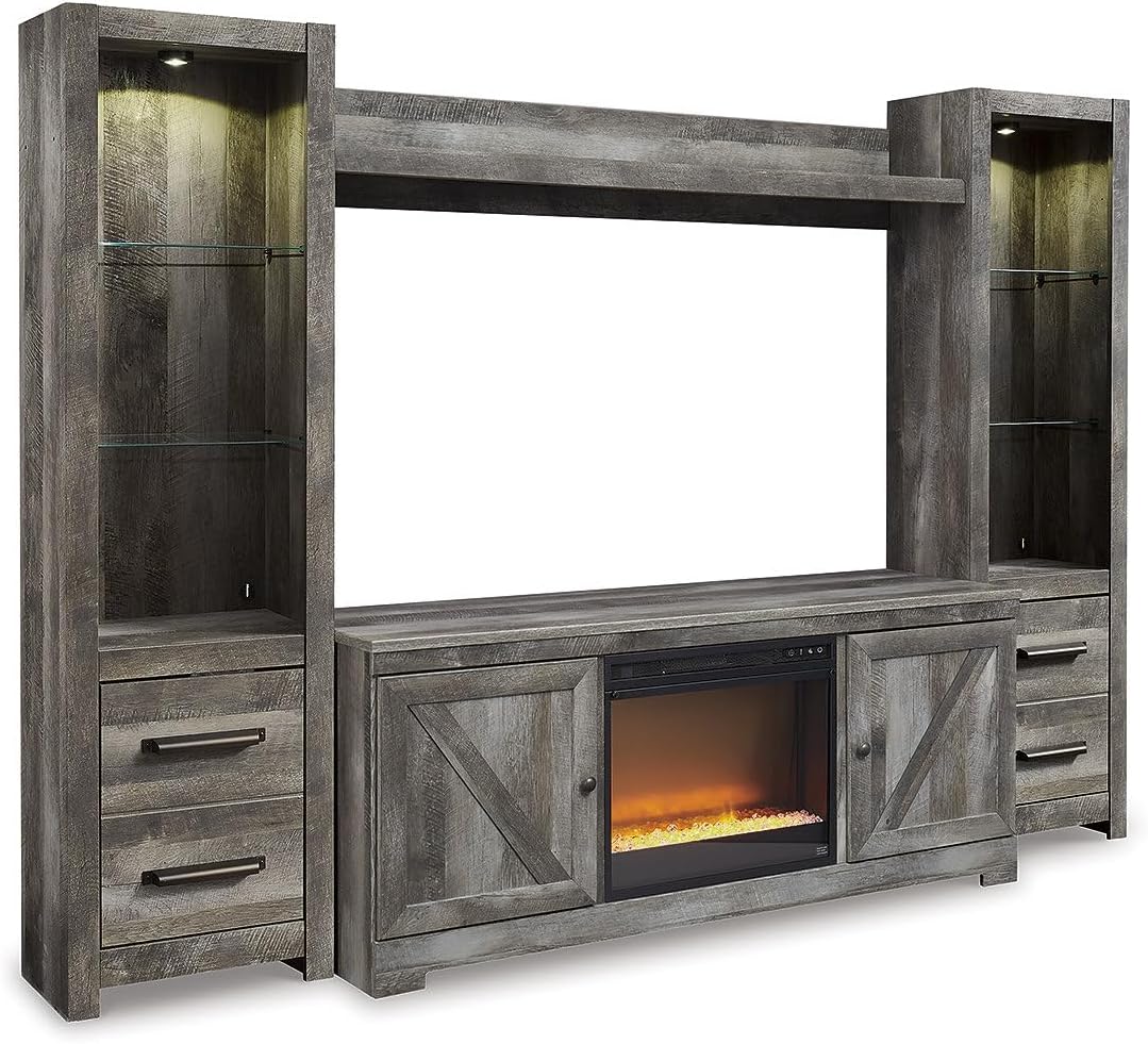 Signature Design by Ashley Wynnlow Rustic 4-Piece Entertainment Center for TVs up to 72" with Electric Fireplace, LED Lighting and Adjustable Temperature, Gray