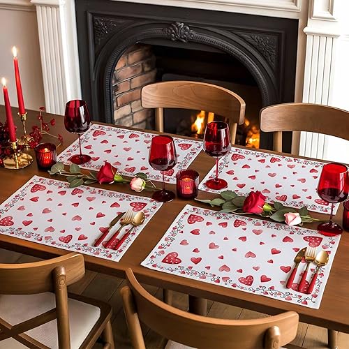 Vista 808 de Juego de 6 manteles individuales rojos para el día de San Valentín, diseño de corazón de San Valentín, resistentes al calor, lavables, manteles