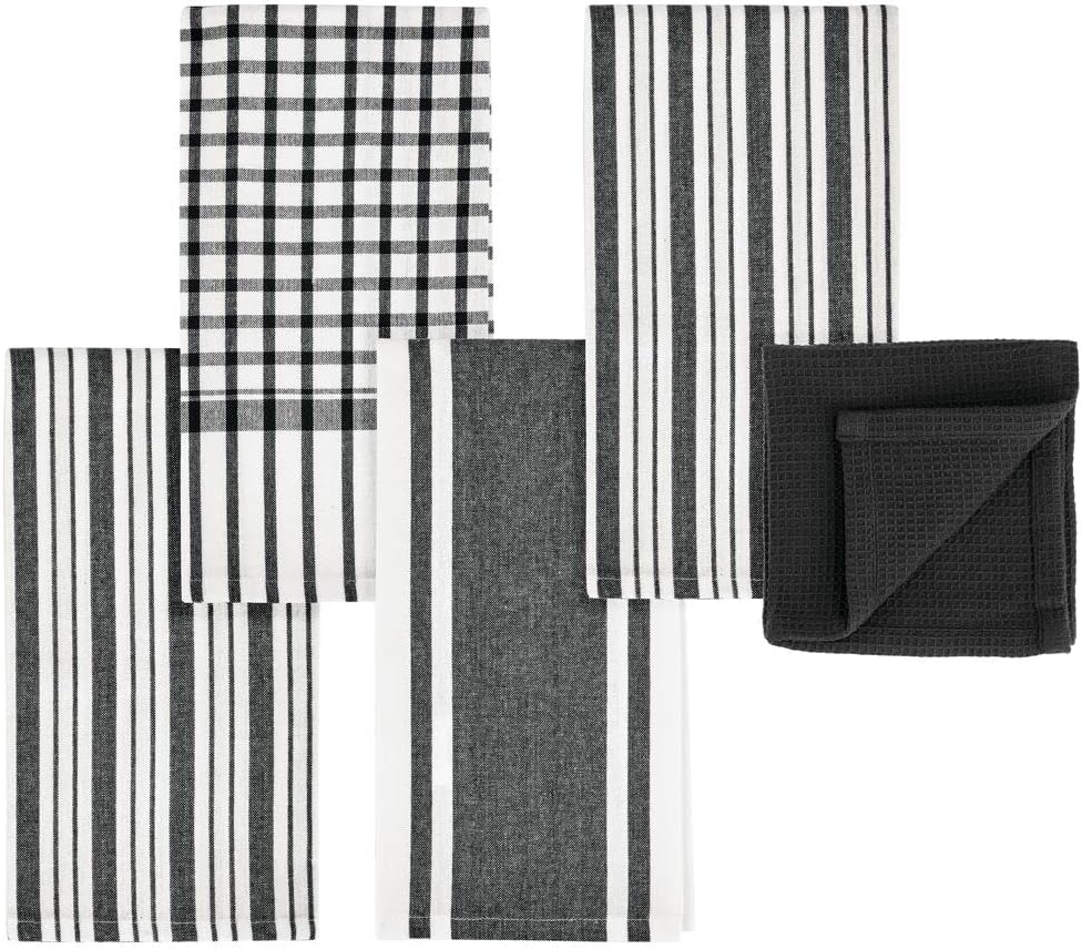 mDesign Kitchen Towel Set, 100% Cotton, Waffle Texture and Striped Pattern, Store in Drawers, Cabinets or Hang on Racks, Set of 5 - Black