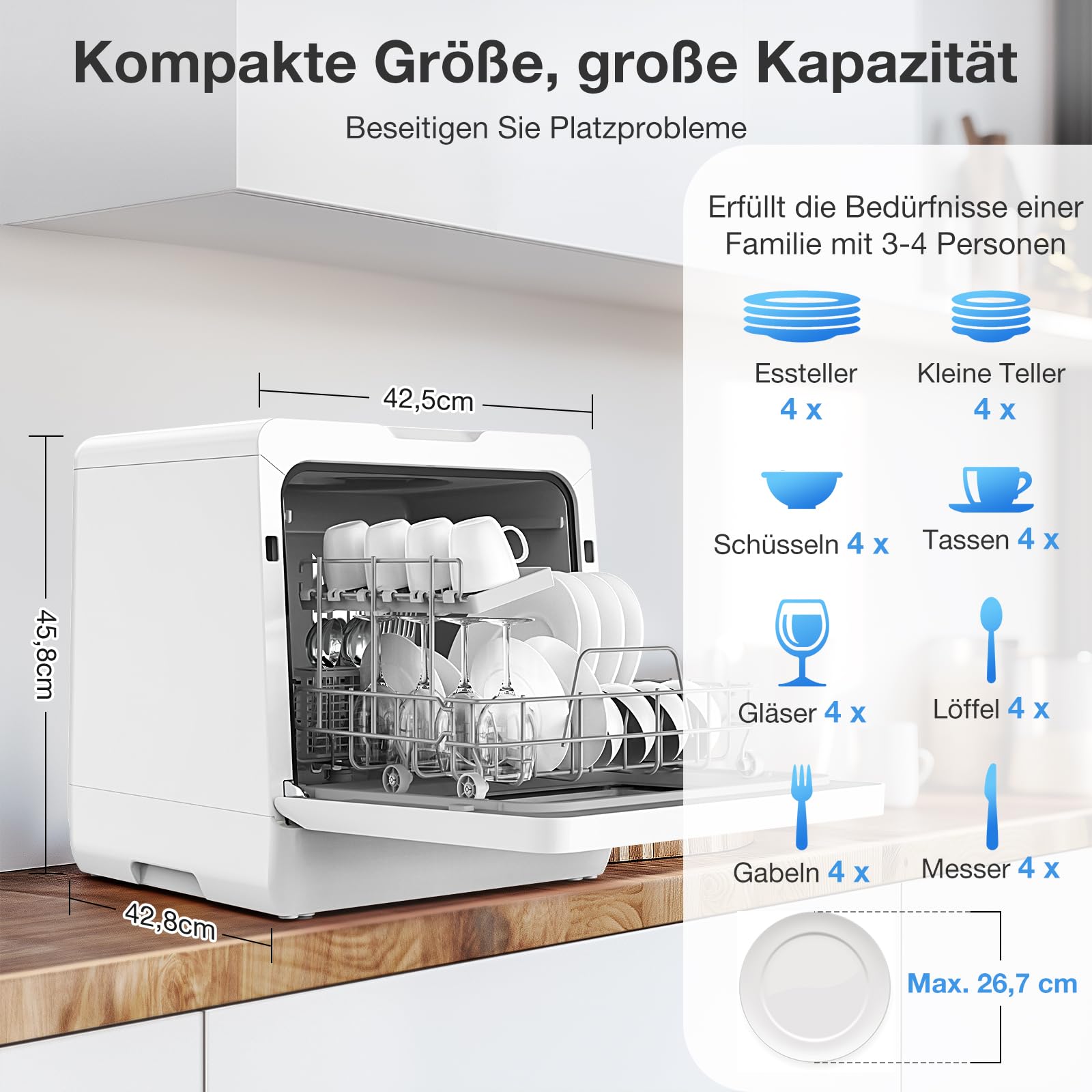 BLITZHOME Mini Spülmaschine Geschirrspüler 8+2 Programme Smart App Steuerung Tragbarer Tischgeschirrspüler 5L Wassertank