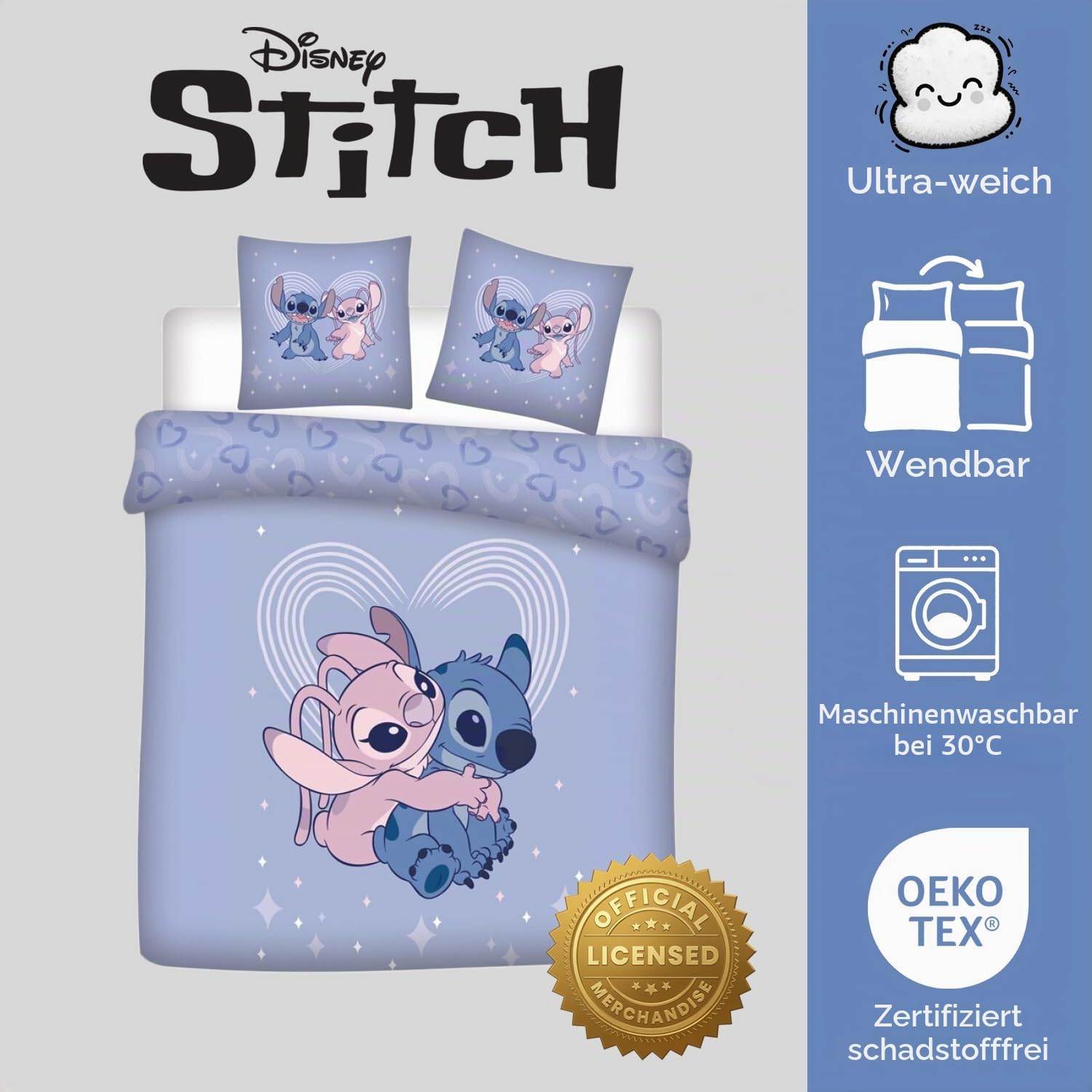 Stitch und Angel Doppelbettwäsche 240x220 + 2 Kissenbezüge Baumwoll-Misch | Wendebettwäsche wendbar | Baumwoll-Mischgewebe schnelltrocknend | Disney Lilo & Stitch | Geschenk Pärchen | Geschenkidee