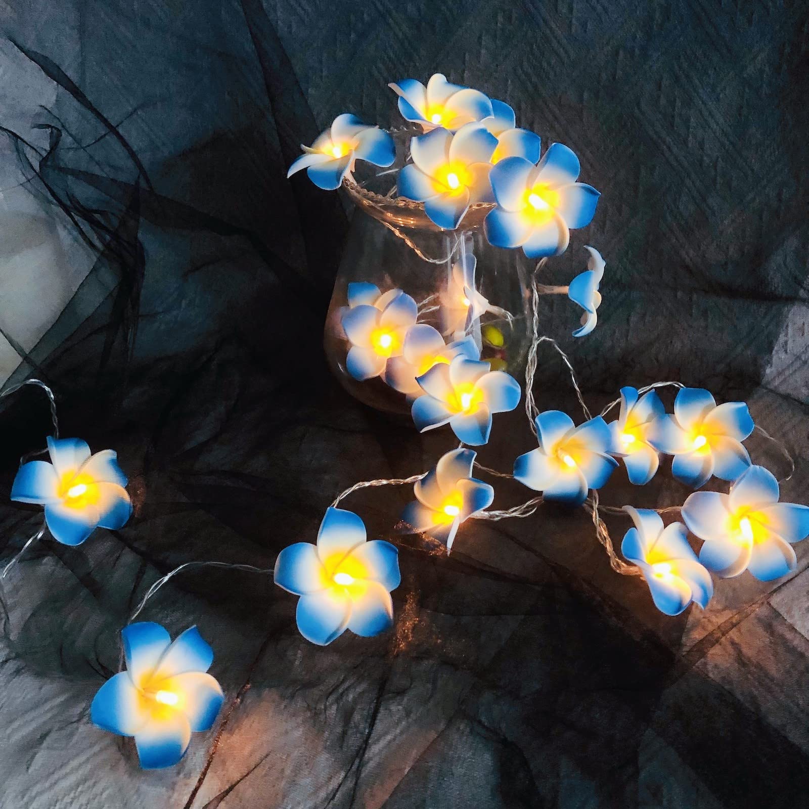 Riaxuebiy LED Plumeria String Lights Frangipani Flower Fairy Lights Eggflower Decorative Garland Battery Operated for Wedding Party Birthday Festival Decor (6m40led, Blue Plumeria)