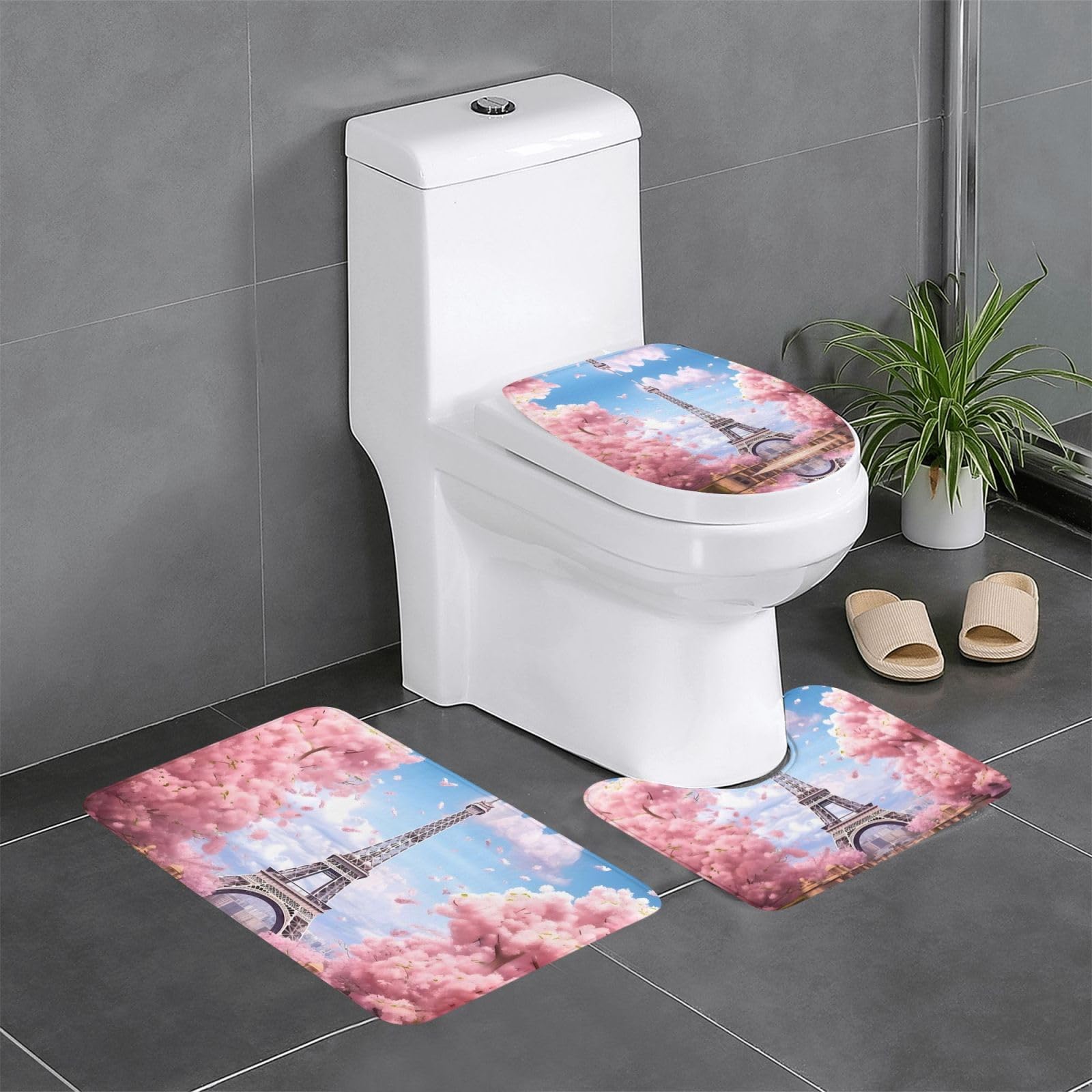 Tapis de salle de bain antidérapant et facile à nettoyer motif Paris 3 pièces
