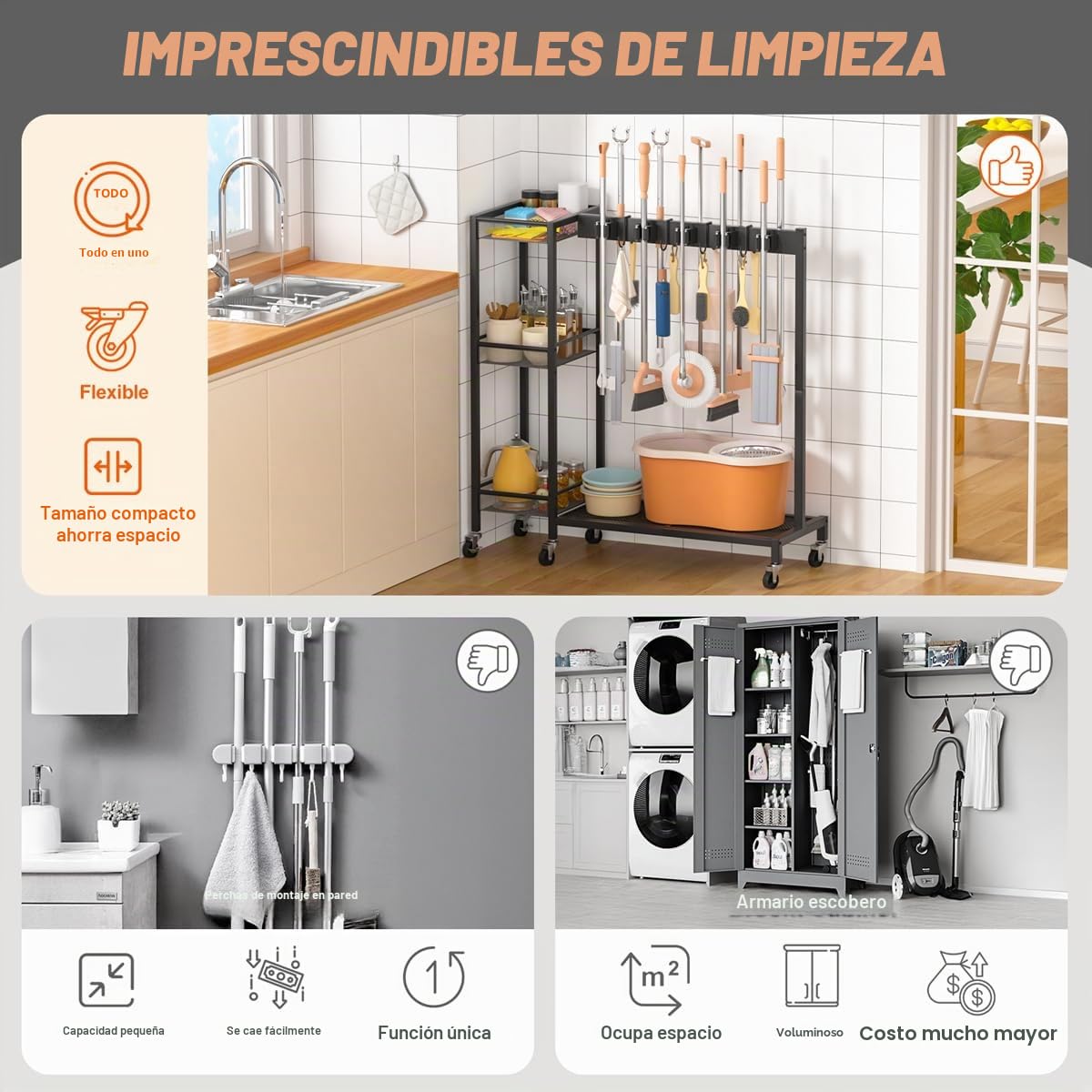 Bikoney Soporte para Escobas y Organizador de Limpieza con Ganchos, Colgador para Fregonas y Carro de Limpieza para Lavadero y Uso Doméstico o Profesional