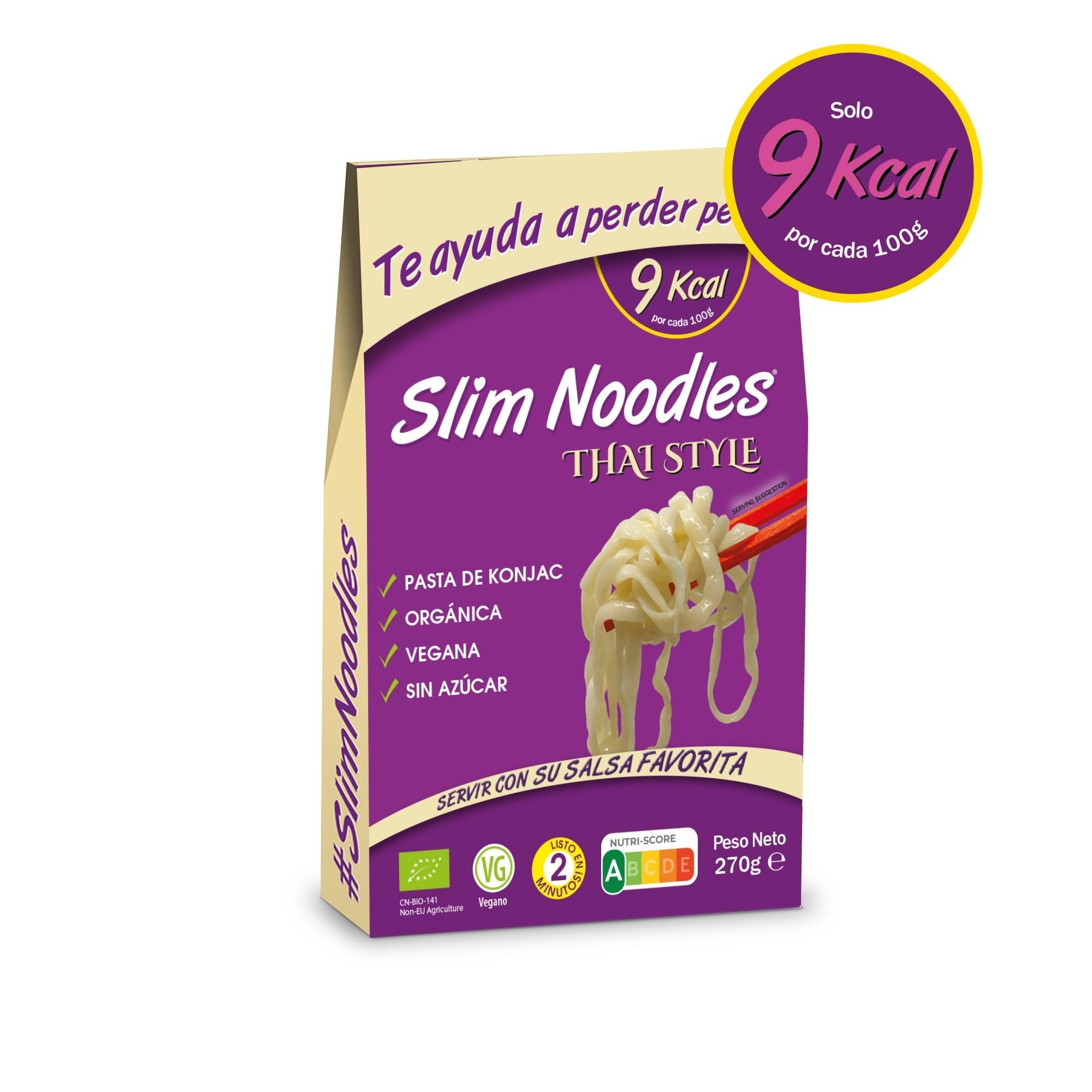 Slim Pasta - Pack de 12 Unidades de Noodles Thai Style de Konjac - Sin Calorías ni Carbohidratos - Ideal para Dietas Keto y Low Carb - Apto para Veganos - Elaborado con Harina de Konjac