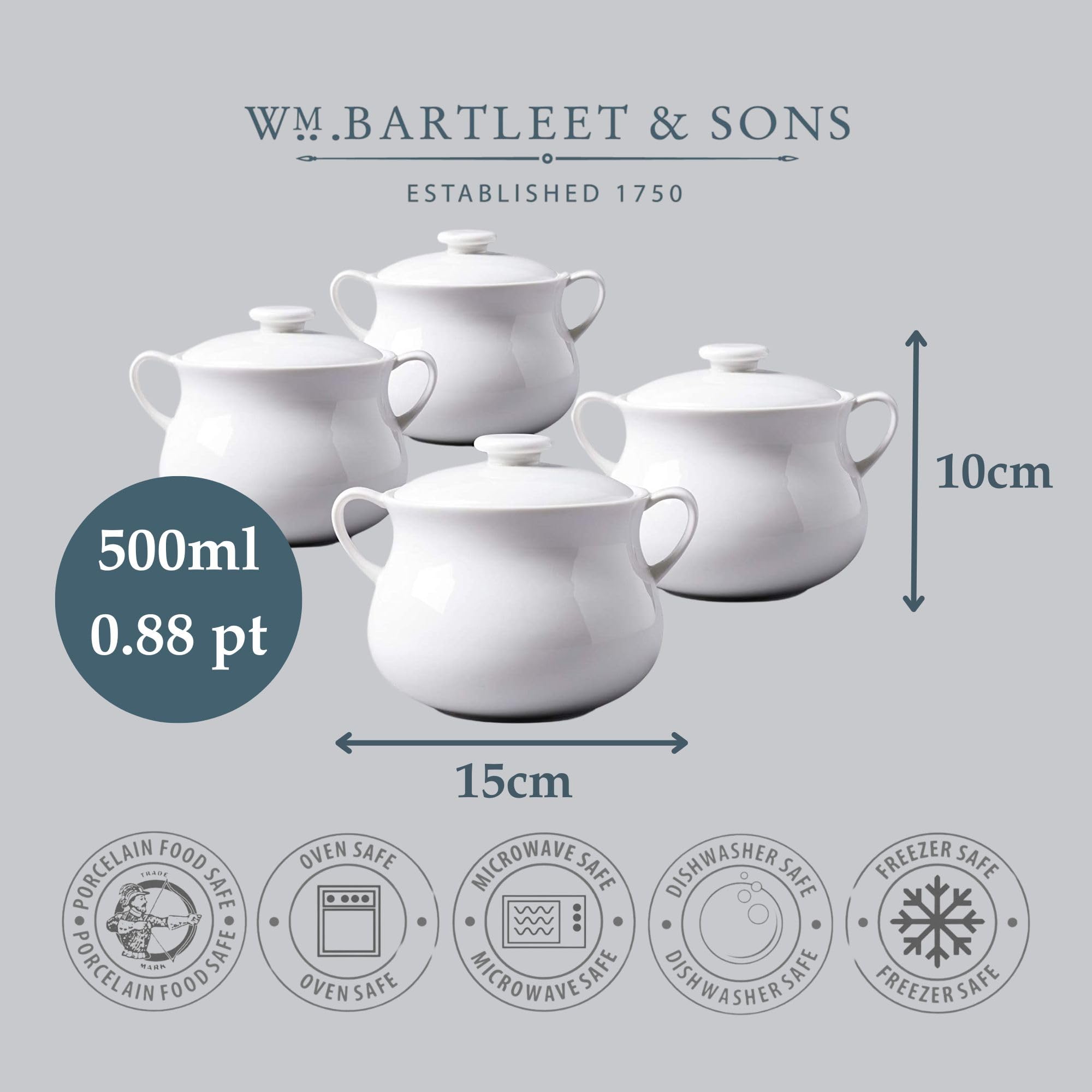 WM Bartleet & Sons 1750 TSET119 Juego de 4 Cuencos Individuales de Porcelana Tradicional con Tapa para Sopa y guiso de Cebolla Francesa con Asas, 500 ml, Color Blanco