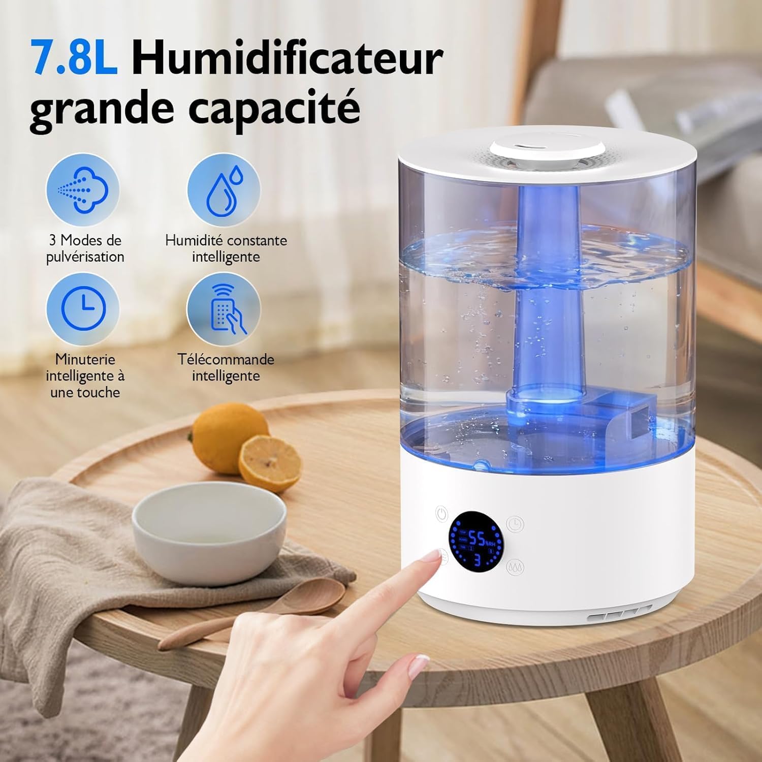 Humidificador de Aire para Bebés de 7,8 L,Llenado Superior con vapor frío,3 Modos de Pulverización,Humidificador Silencioso de 20 dB,Adecuado para Salas de Estar y Dormitorios