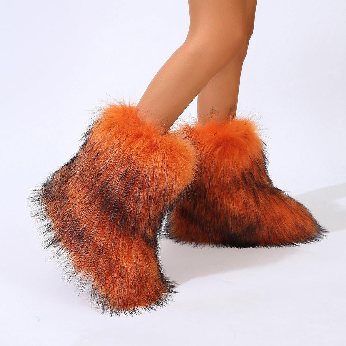 Women's Faux Fur Boots Furry Fuzzy Fluffy Round Toe Suede Winter Snow Bootie Flat Shoes Puffy Warm Short Mid-Calf Boots for Outdoor Indoor Indoor