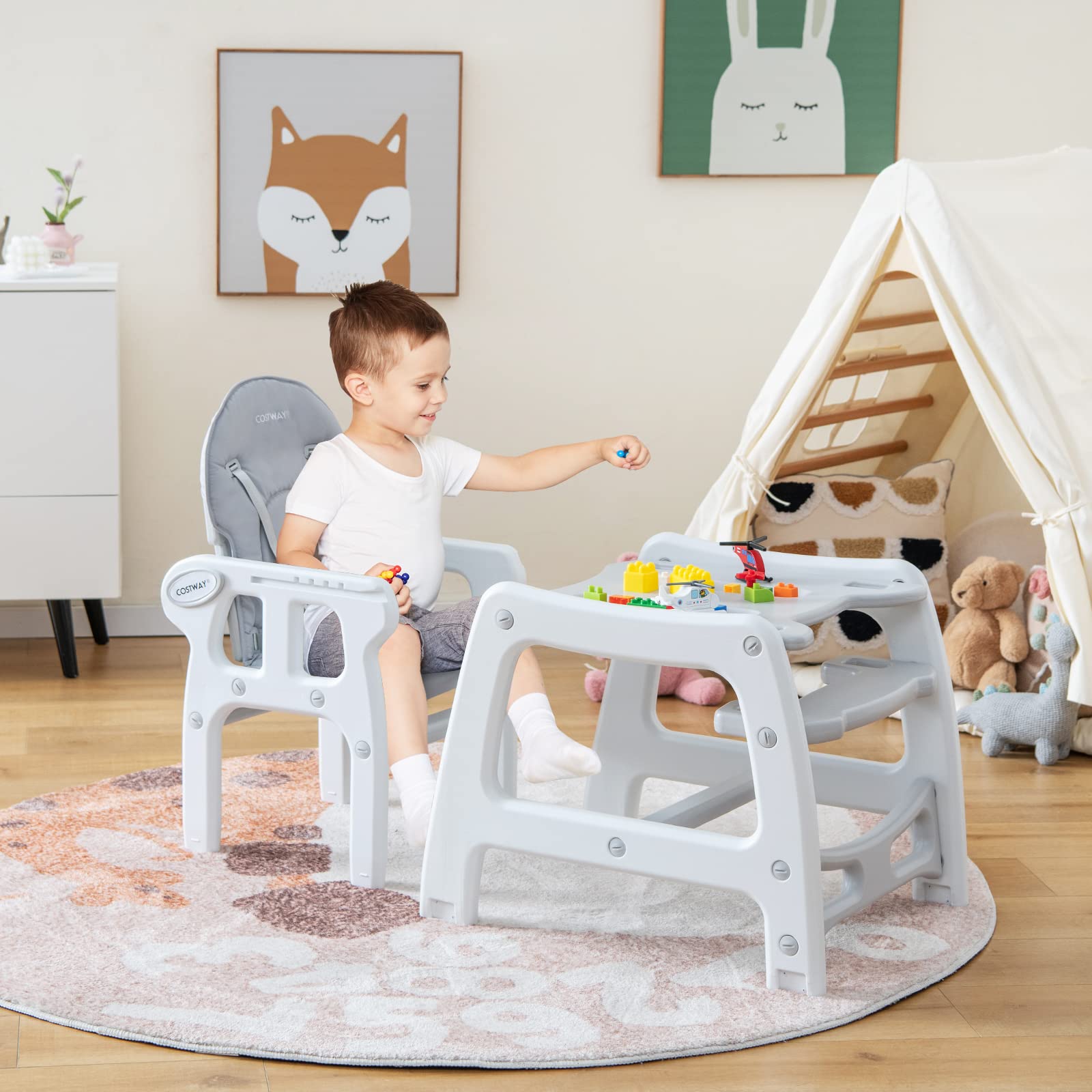 COSTWAY 3 in 1 Seggiolone Pappa Bambini, Seggiolone Neonati con Vassoio Rimovibile, Sedia e Tavolo Convertibile Ragazzi, Schienale Regolabile, Cintura di Sicurezza, per Bambini 6-36 Mesi (Grigio)