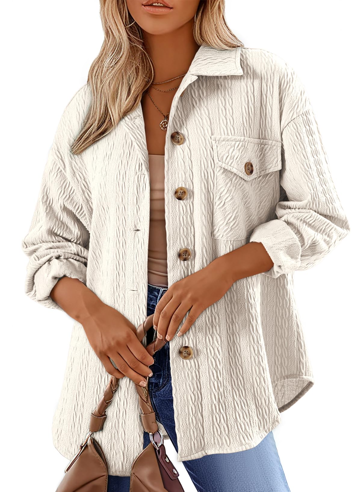 DokotooWomens Cable Knit Lightweight Shacket Button Down Shirts Long Sleeve Casual Oversized Blouses Tops