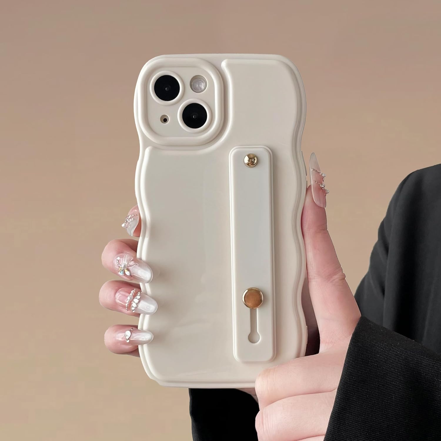 FABSPARK Phone Case for iPhone 14 Plus with Flexible Adjustable Soft Finger Hand Wrist Strap Holder Kickstand,Wave Design Wavy Frame Silicone Aesthetic for iPhone 14 Plus Phone Case,Beige