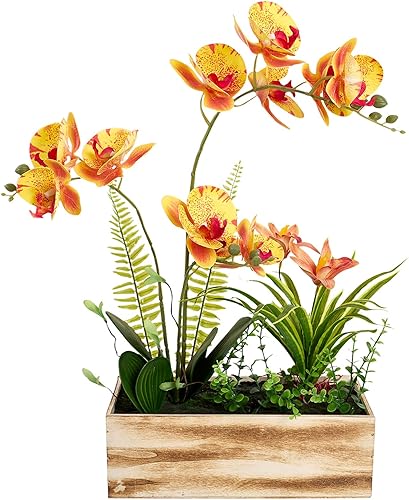 YESDICO Arreglo de orquídeas artificiales de 20 pulgadas con maceta rústica Phalaenopsis, flores falsas que se ven reales para decoración del hogar
