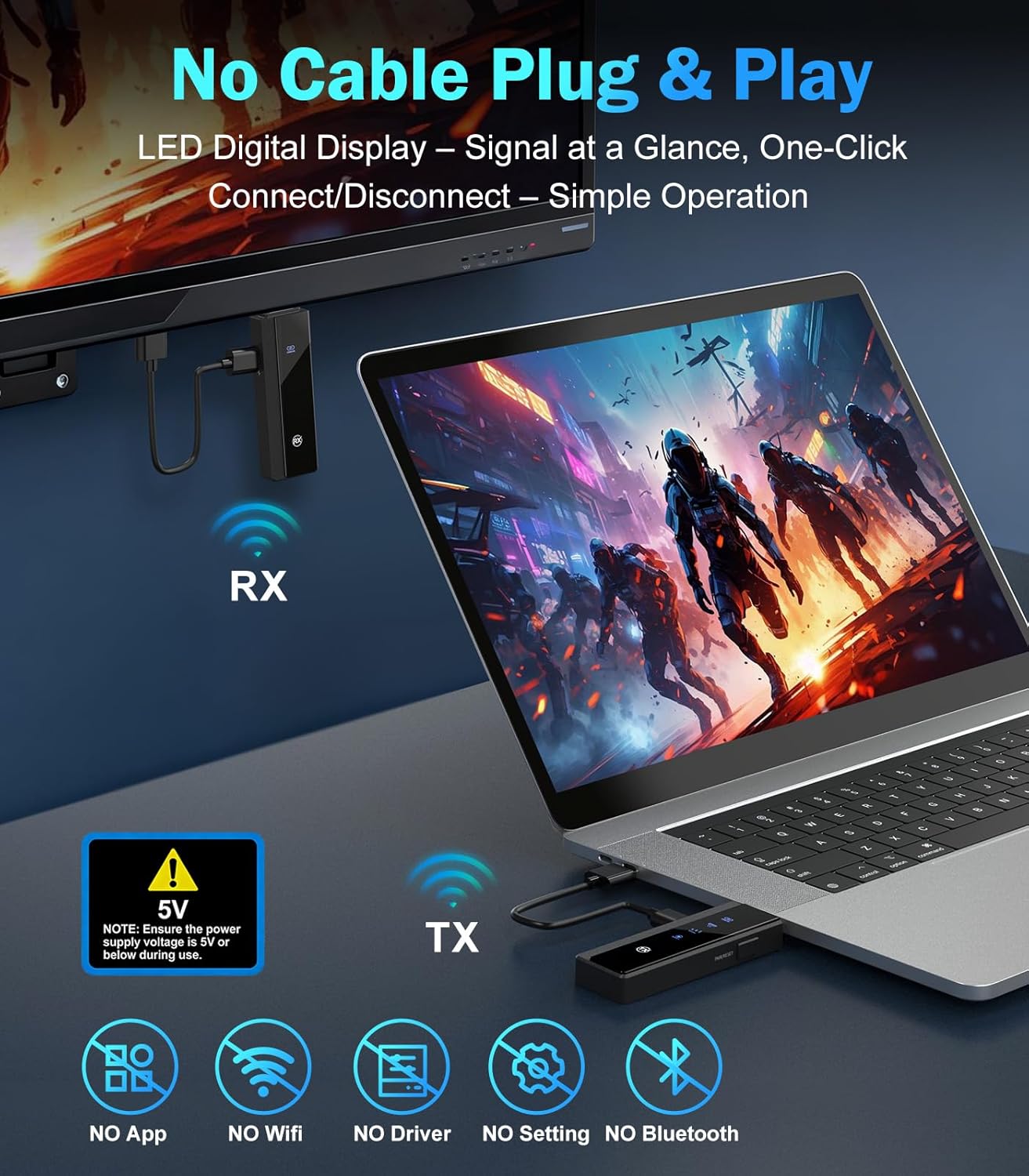 2026 Upgraded Wireless HDMI Transmitter and Receiver 328FT/100M, 4K Decode & 1080P 60Hz Zero Latency, 5G/2.4G Dual Band,Wireless HDMI Extender Display for Video/Audio to Monitor from Laptop/TV Box - Image 3