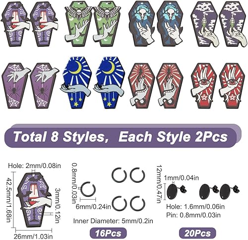 Miniatura 2 de SUNNYCLUE 1 caja de 52 piezas DIY 8 pares de dijes acrílicos de estilo gótico para Halloween, kit de iniciación, dijes de polilla, dije de serpiente