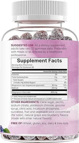 Miniatura 6 de Gomitas de glicinato de magnesio 400 mg por porción, 120 unidades  Sabor natural de uva y arándano  Potente forma elemental + quelado para una alta