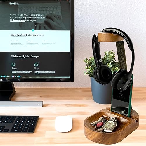 Miniatura 4 de Wrightmart Soporte de madera para auriculares, soporte universal para auriculares, colgador de auriculares de escritorio con ranura para teléfono