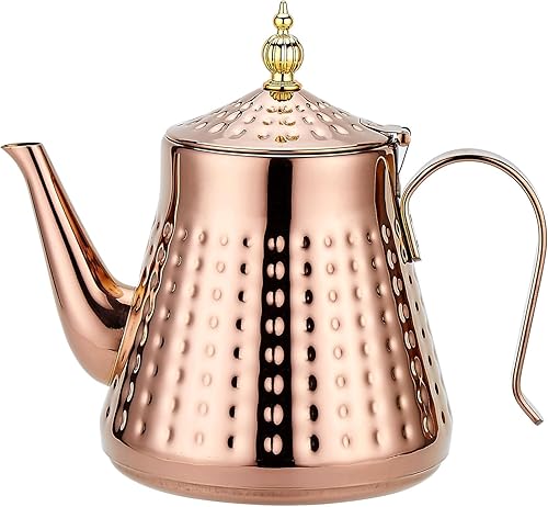 SANQIAHOME 1.2L (40oz) martillo de acero inoxidable modelado tetera con infusor extraíble, cubierta de hoja suelta, cobre