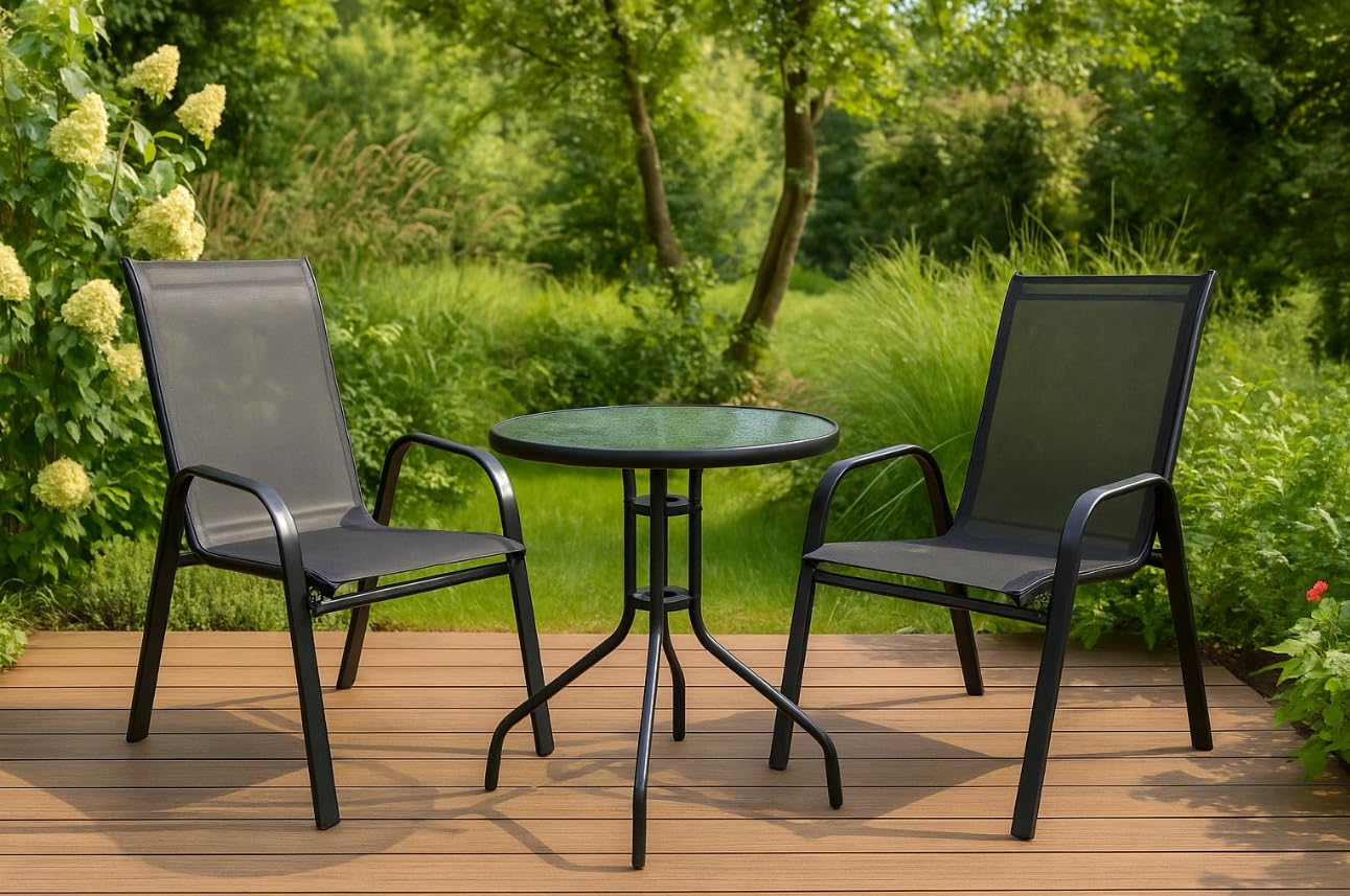 BDW Set di mobili da balcone, tavolo rotondo in vetro, 60 x 70 cm, con 2 sedie Textilene, sul balcone, sulla terrazza, sulla proprietà, colore nero