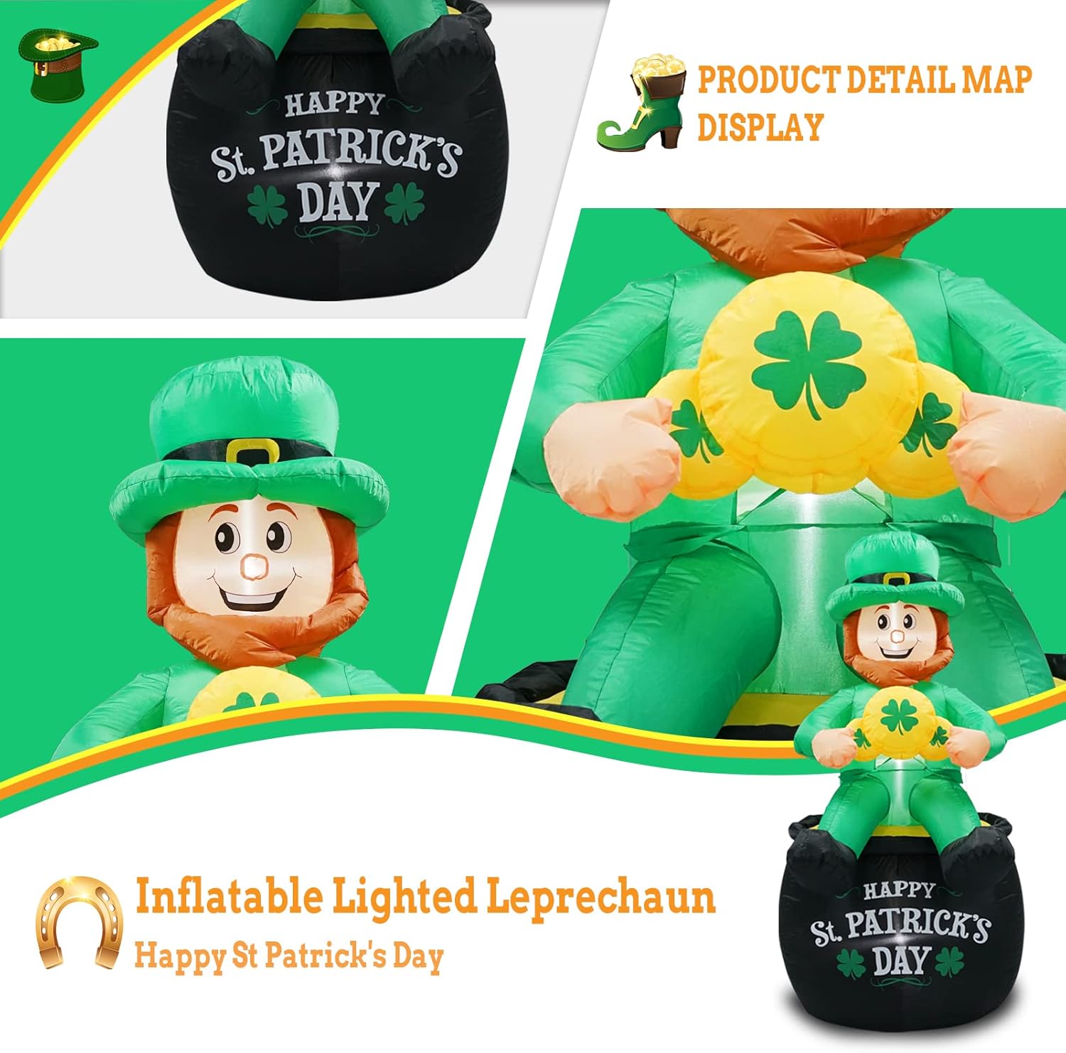6FT Tall St. Patricks Day Inflatables Leprechaun Holding Lucky Shamrock Sitting on The Pot of Gold Built-in LED Lights for St. Patricks Day Decorations Outdoor - Image 4