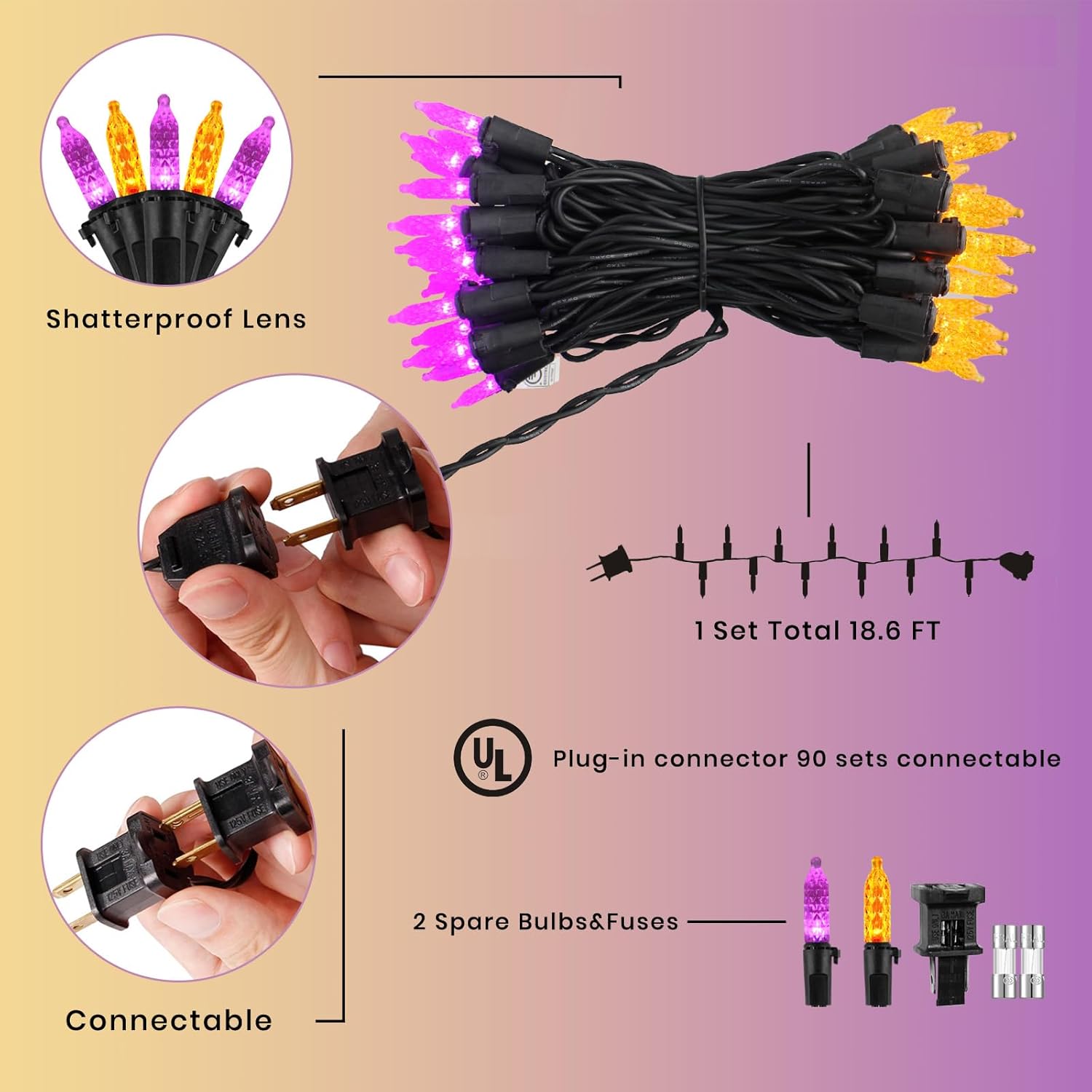 Easter Decorations Purple & Orange LED M5 String Lights – 50 Mini Bulbs, 18.6ft Black Wire, UL Listed Outdoor Waterproof String Lights for Porch, Tree, Patio & Holiday Displays