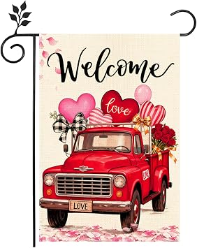 Valentines Day Garden Flag 12x18 Inch Double Sided Outside, Love Hearts Truck Welcome Anniversary Yard Outdoor Flag