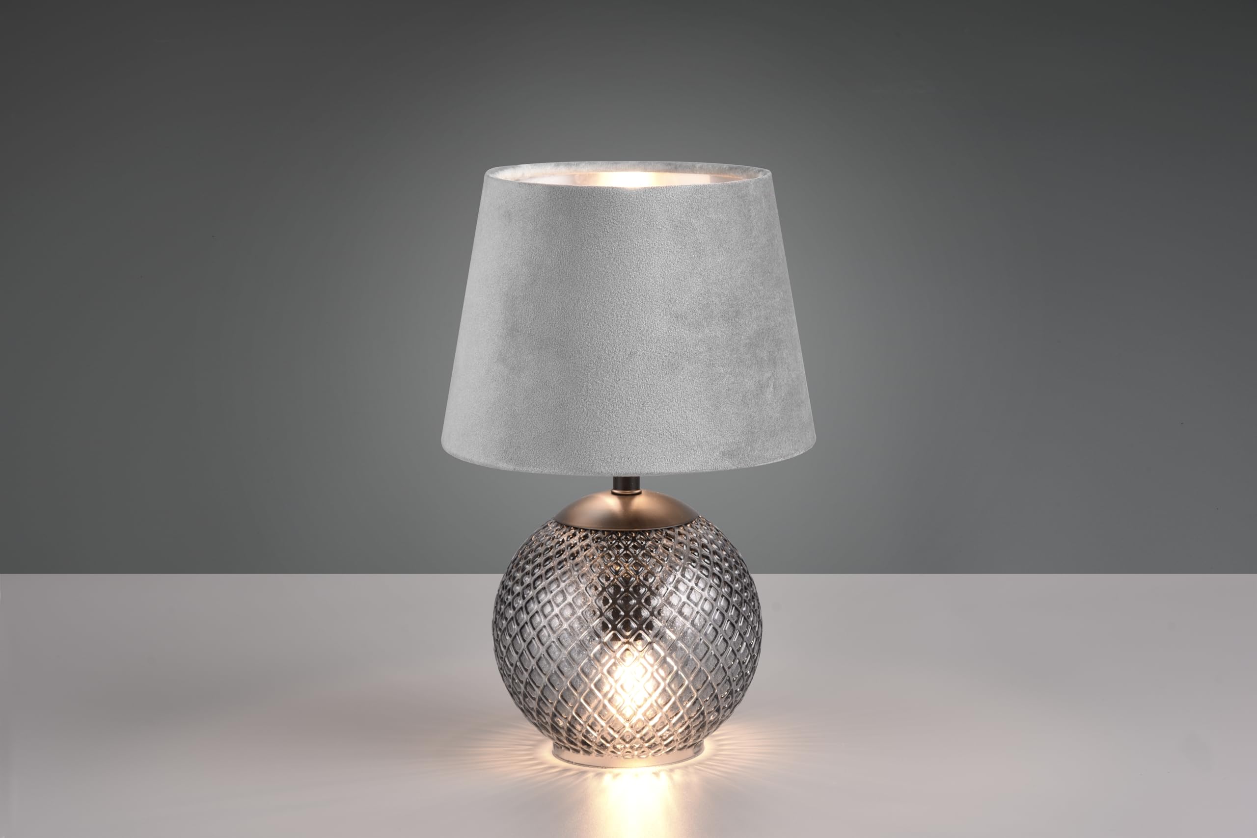 Reality Leuchten RL Lámpara de mesa Jonna R51242054, base de cristal ahumado, pantalla gris terciopelo/plateado, incl. 2x E14