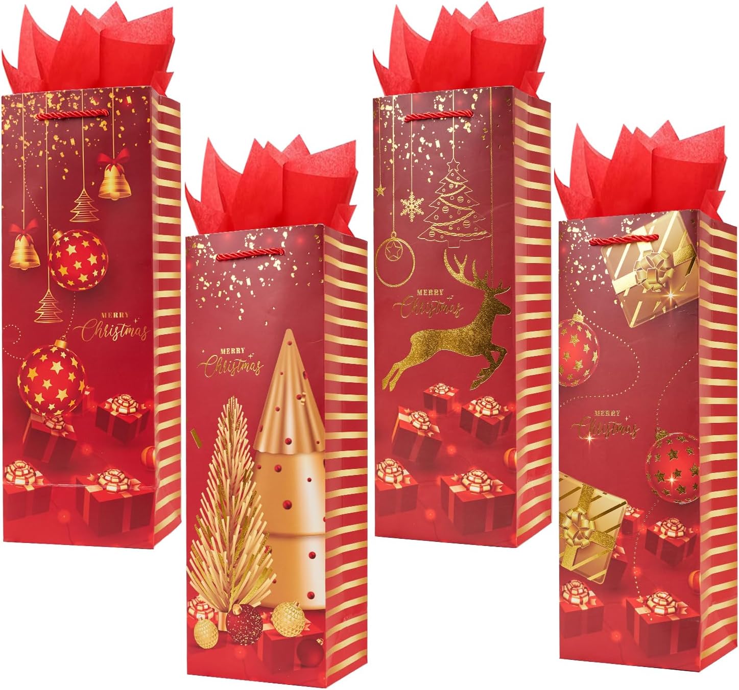 ZJHiome 12 Pack Christmas Bottle Gift Bags with Tissue Paper,13.7" Thick Paper Bottle Bags Bulk for Champagne & Wine Bottles,Reusable Wine Bags for Gift (Red & Gold)
