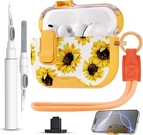 Funda protectora para AirPods Pro de 3 generación con clip de bloqueo seguro  Girasoles de sol  Funda rígida de estilo femenino con kit de limpieza