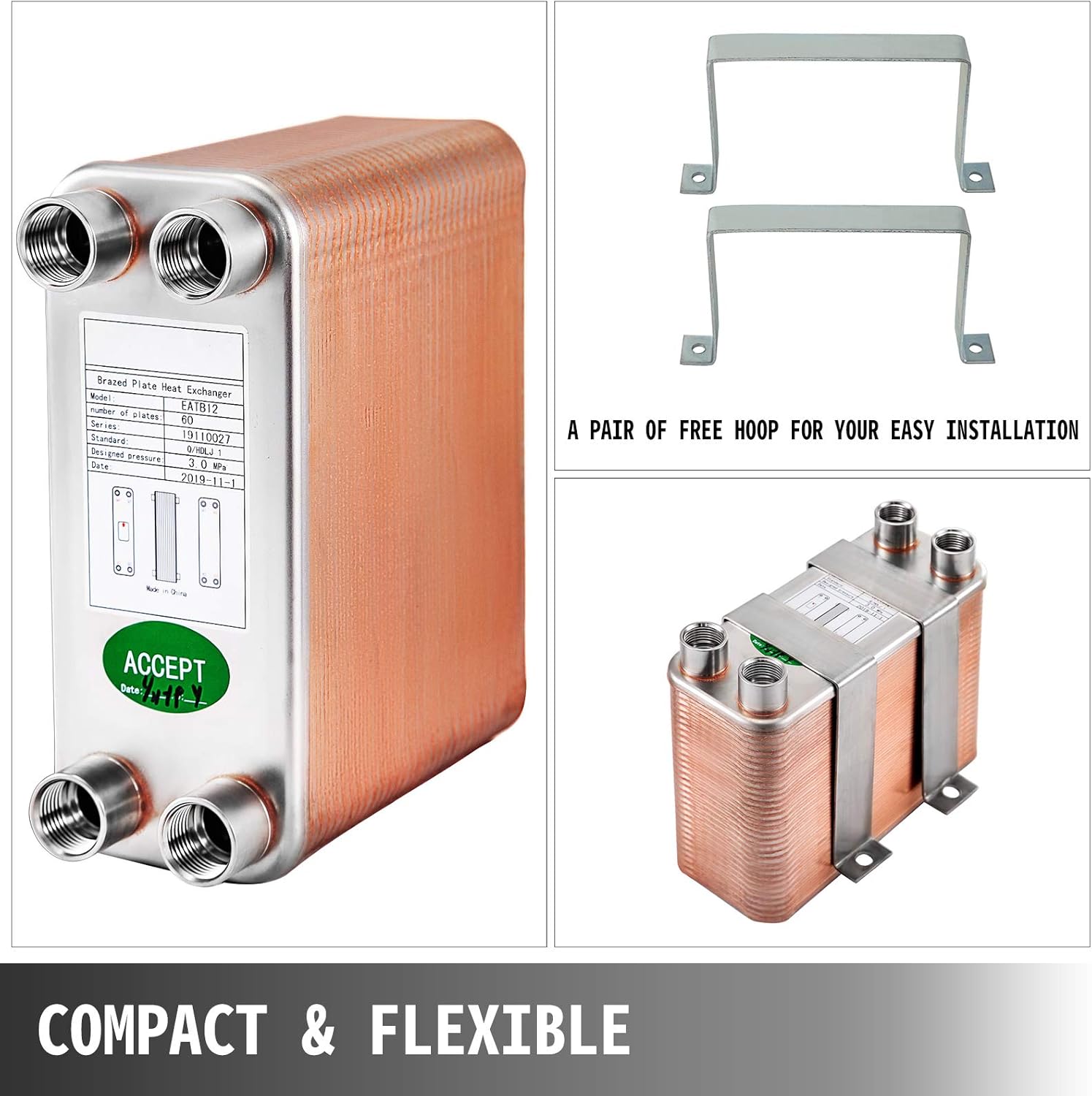 BestEquip Heat Exchanger 3"x7.5" 60 Plates Brazed Plate Heat Exchanger 316L 1/2" BSP FPT Heat Exchanger EATB12 Beer Wort Chiller for Hydronic Heating