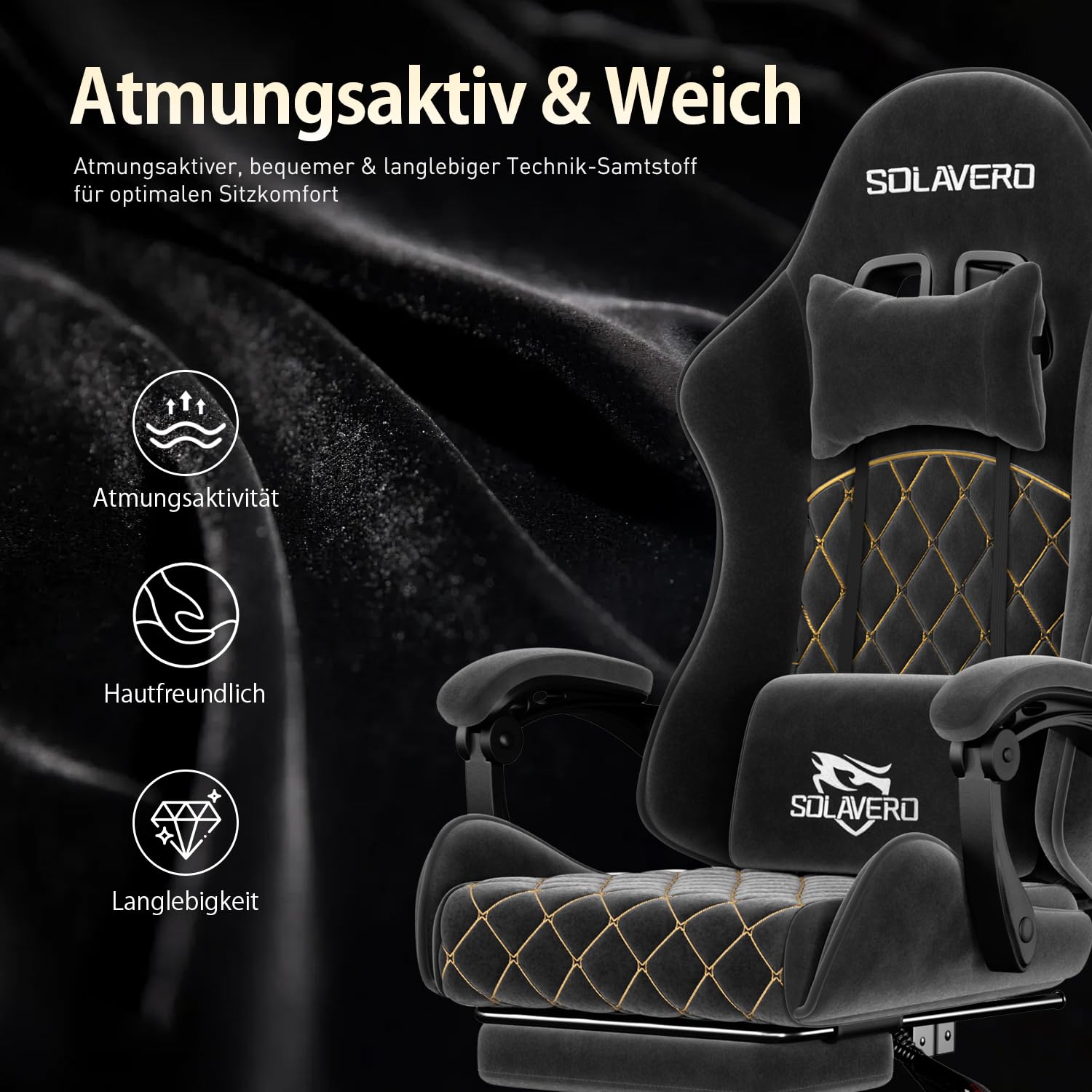 HLONONE Gaming Stuhl Stoff, Massage Gaming Chair, Atmungsaktiver Wildlederimitat Gamer Stuhl, So Weich Wie Pelz, Ergonomischer Bürostuhl mit Fußstütze, Kopfstütze und Lendenkissen, PC Stuhls Schwarz