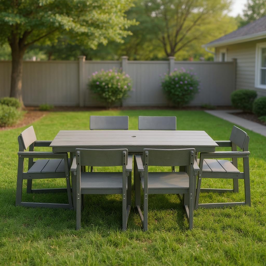 KEIKI Patio Dining Table Sets 7-Piece, Outdoor Dining Furniture Set with Umbrella Hole Cut-Out Table and 6 Chairs, All Weather Dining Set with Armrestsfor Lawn, Garden, Backyard, Poolside, Grey