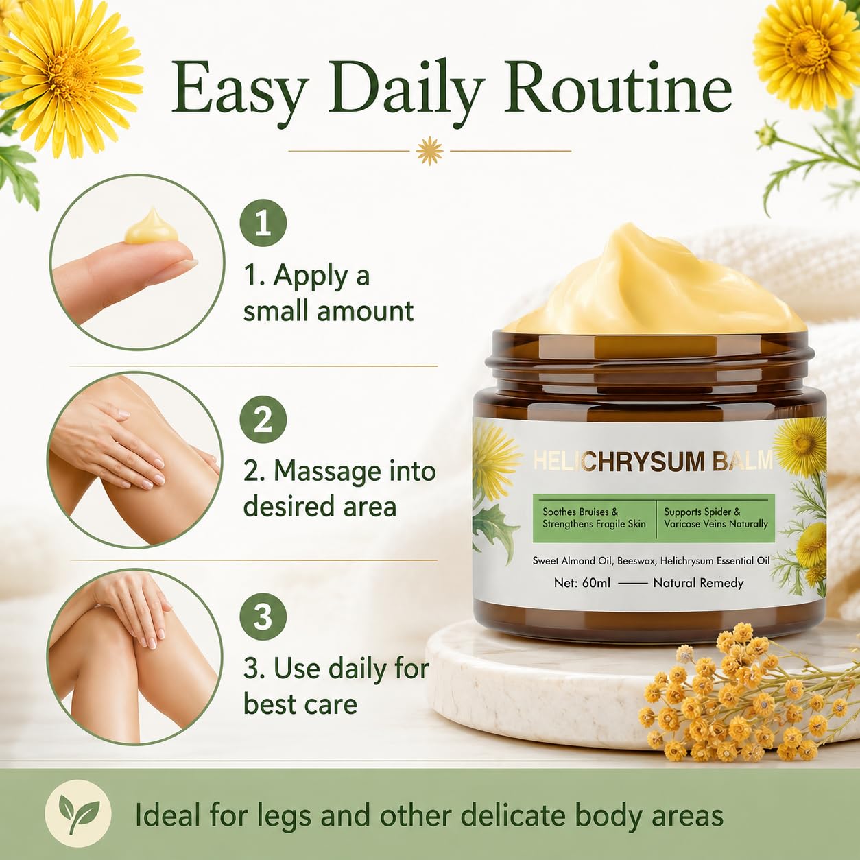 Helichrysum Balm - Soothing Skin Appearance for Veins & Bruises | Natural Helichrysum essence, deep moisturizing beeswax blend, fast absorbing, for delicate and fragile skin areas