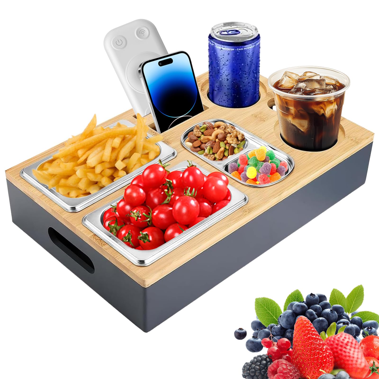 Bandeja Sofá con Cuencos Aperitivos Acero Inoxidable & Tapa Extraíble, Tazones Refrigerios Bambú con 2 Soporte Botellas, Caja Refrigerios para Sala Estar,Picnic,Fiesta,Salón,Dormitorio,Jardín,Camping