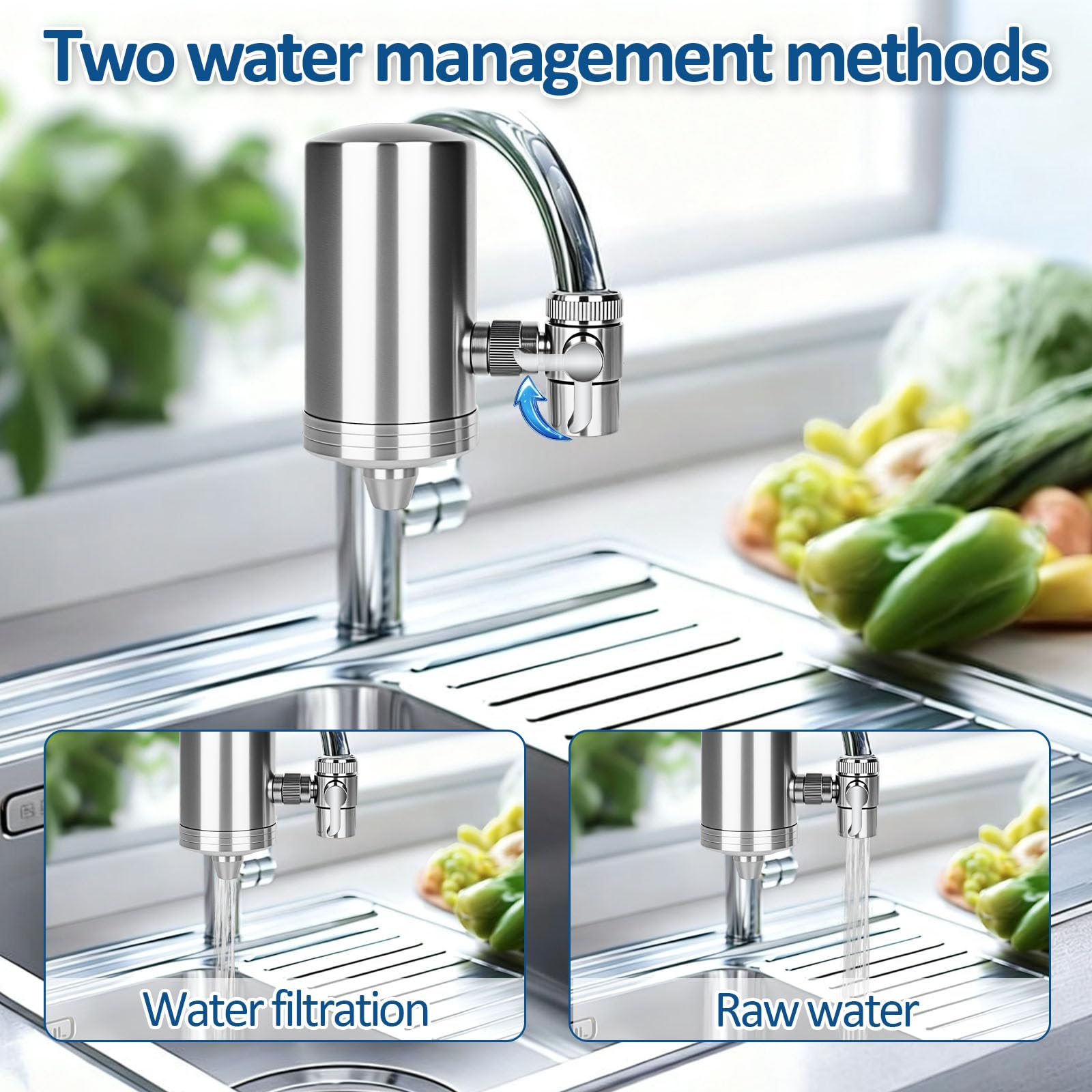 Robinet filtrant à eau, purificateur d'eau sans installation en acier inoxydable pour robinets ménagers, robinet filtrant avec élimine le chlore et purification de l'eau (1 filtre inclus)