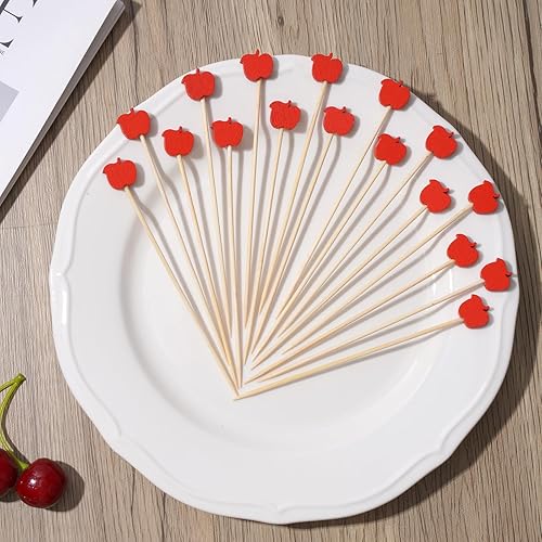 Miniatura 3 de Minisland Palillos de cóctel de manzana roja, palillos de bambú de 5 pulgadas de largo para aperitivos, decorativos para otoño, Halloween, Acción de