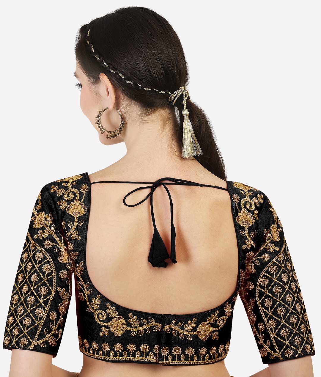 Pujia Mills Women's Embroidery Handwork Thread Zari Stone Work Readymade Blouse (36, Black)
